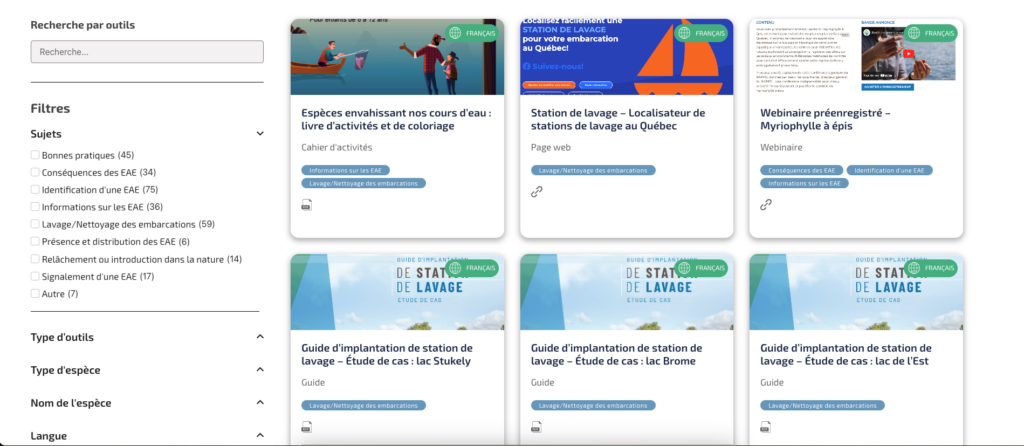 Capture d'écran du répertoire d'outils sur les espèces aquatiques envahissantes. Ce répertoire d'outils vise à rassembler des outils pour freiner la propagation des espèces aquatiques envahissantes dans votre région.