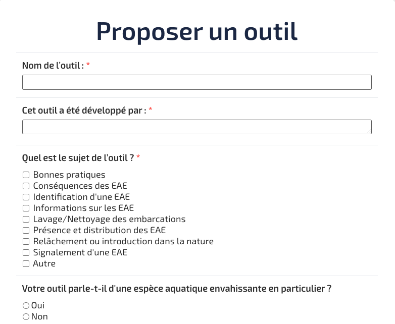 Capture d'écran du formulaire permettant de proposer un outil sur les espèces aquatiques envahissantes. Effectivement, il est possible de proposer un outil sur les espèces aquatiques envahissantes qui ne soient pas encore sur le répertoire.